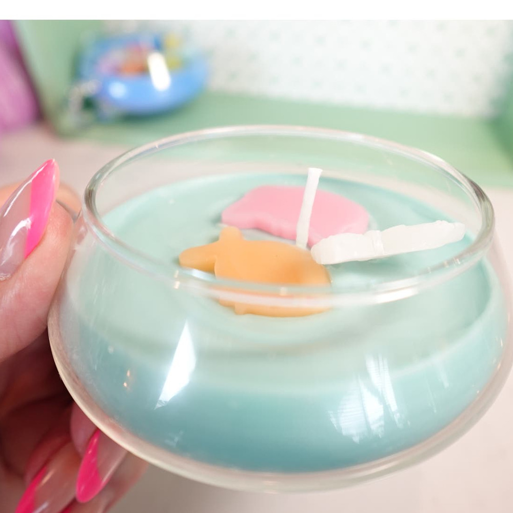 Vintage handblown glass teacup fishbowl candle with cat butterfly fish melts!